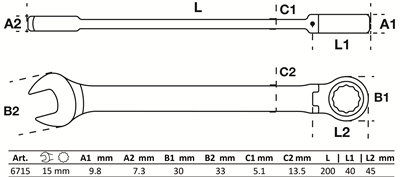 BGS 6715, Ráčnový očkoplochý klíč kloubový 15 mm