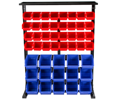 Kovový regál s plastovými boxy 47 ks