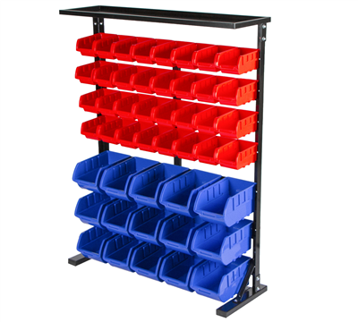 Kovový regál s plastovými boxy 47 ks