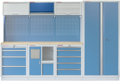 Celokovová závěsná skříňka PROFI BLUE s výklopnými dvířky 680x281x350 mm