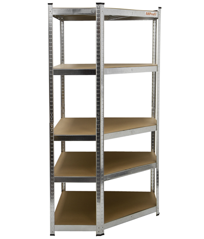 Rohový policový regál, 5 polic - 900 x 900 x 1800 mm