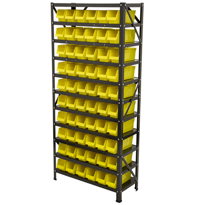 Kovový regál s plastovými boxy, 60 ks