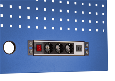 Děrovaná závěsná deska s el. zásuvkou 614,5x1052x24 mm PROFI BLUE