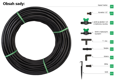 Zavlažovací sada, kapací hadice Water Flow Drip o16mm 100m, 182ks příslušenství BRADAS