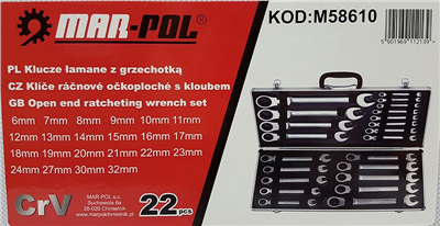 Klíče ráčnové očkoploché s kloubem 22ks 6-32mm MAR-POL