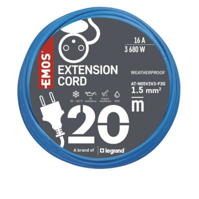 Počasí odolný prodlužovací kabel 20 m / 1 zásuvka / modrý / silikon / 230 V / 1,5 mm2