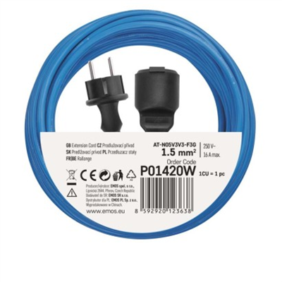 Počasí odolný prodlužovací kabel 20 m / 1 zásuvka / modrý / silikon / 230 V / 1,5 mm2