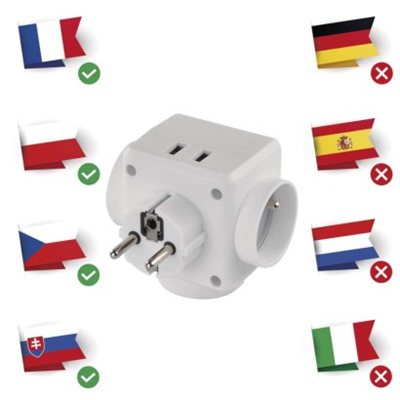 Rozbočovací zásuvka 3x kulatá, 2x USB