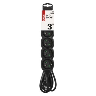 Prodlužovací kabel 3 m / 5 zásuvek / černý / PVC / 1 mm2