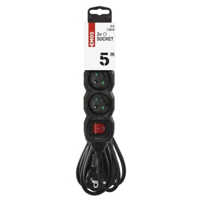 Prodlužovací kabel 5 m / 3 zásuvky / s vypínačem / černý / PVC / 1 mm2