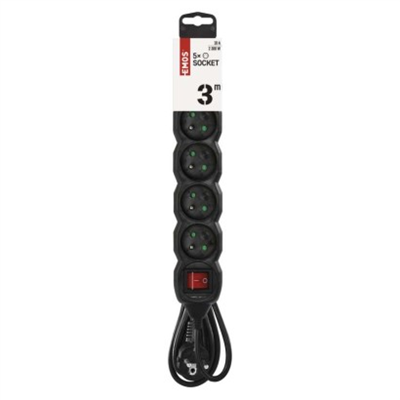 Prodlužovací kabel 3 m / 5 zásuvek / s vypínačem / černý / PVC / 1 mm2