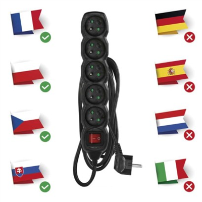 Prodlužovací kabel 3 m / 5 zásuvek / s vypínačem / černý / PVC / 1 mm2