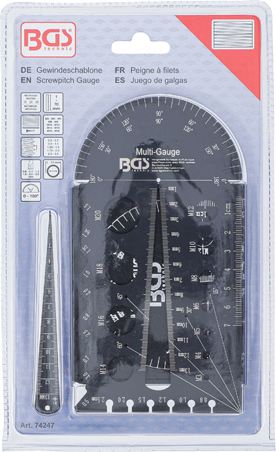 BGS 74247, Měrka šroubů a závitové měrky | metrické | M3 - M20, 0,5 - 13,00 mm