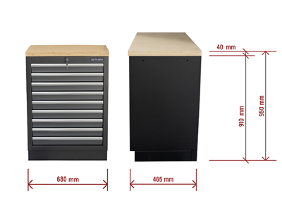 Matabro SET-CA01064, Dílenská skříňka s dřevěnou pracovní deskou | 9 šuplíků | 680x465x950 mm