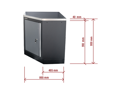 Matabro SET-CA01069, Rohová jednodveřová dílenská skříňka s nerezovou pracovní deskou | 1 police | 865x865x950 mm