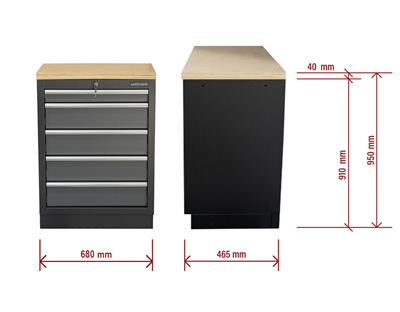 Matabro SET-CA01060, Dílenská skříňka s dřevěnou pracovní deskou | 5 šuplíků | 680x465x950 mm