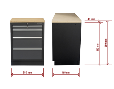 Matabro SET-CA01058, Dílenská skříňka s dřevěnou pracovní deskou | 4 šuplíky | 680x465x950 mm