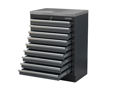 Matabro SET-CA01065, Dílenská skříňka s nerezovou pracovní deskou | 9 šuplíků | 680x465x950 mm