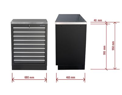Matabro SET-CA01065, Dílenská skříňka s nerezovou pracovní deskou | 9 šuplíků | 680x465x950 mm