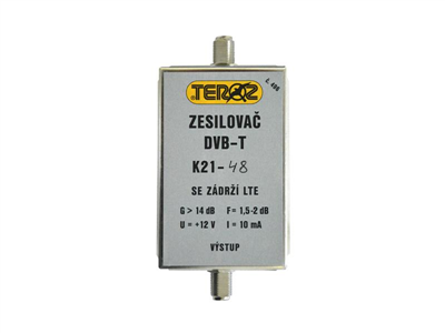 Anténní zesilovač TEROZ 496X, UHF K21 až 48, filtr 5G, LTE, GSM, G14dB, F2dB, U95dBµV, F-F