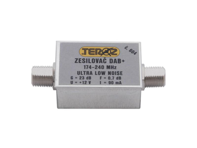 Anténní zesilovač Teroz 604X, nízkošumový, DAB, G23dB, F0,7dB, U>120dBµV, F-F