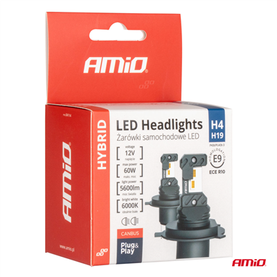 LED žárovky hlavního svícení Hybrid série H4 H19 6000K Canbus 60W AMIO-04114