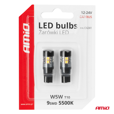 LED žárovky CANBUS T10 W5W 9 SMD 3030 Bílá 12V 24V AMiO-04241