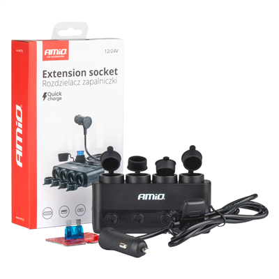 Čtyřnásobná prodlužovací zásuvka PD30W QC3.0 12/24V max 216W AMIO-04175