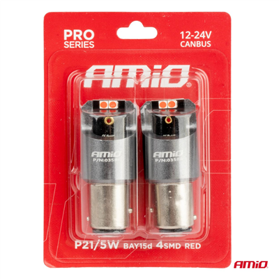 LED CANBUS PRO series BAY15D P21/5W 4x3030 SMD Red 12/24V AMIO-03586