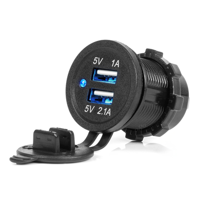 Vodotěsná nabíječka telefonu s modrým LED indikátorem 3.1A 2xUSB 12/24V AMIO-04216