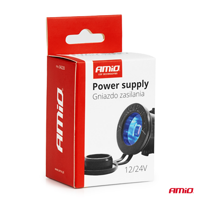 Vodotěsná zásuvka do zapalovače auta s MODRÝM LED podsvícením 12/24V AMiO-04220
