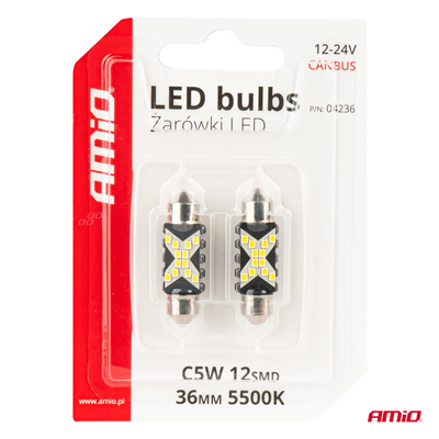 LED žárovky CANBUS 12SMD Festoon C5W 2016 36mm White 12/24V AMiO-04236