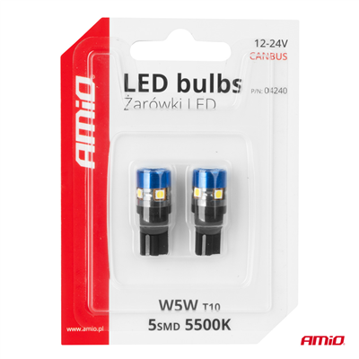 LED žárovky CANBUS T10 W5W 5SMD 3030 White 12V/24V AMiO-04240
