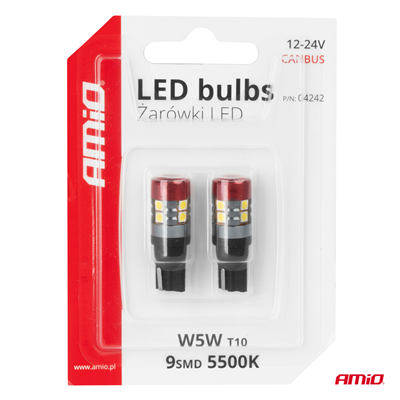 LED žárovky CANBUS T10 W5W 9 SMD 3030 Bílé 12V 24V AMiO-04242
