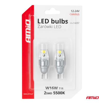 LED žárovky CANBUS T15 W16W 2SMD 3570 Bílá 12V 24V AMiO-04257