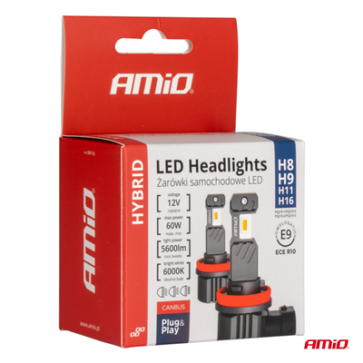 LED žárovky hlavního svícení Hybrid série H8 H9 H11 H16 6000K Canbus 60W AMIO-04116
