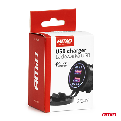 Vodotěsná nabíječka s MODRÝM LED podsvícením 2xUSB QC3.0 12/24V AMiO-04218