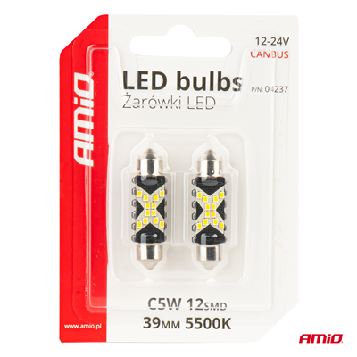 LED žárovky CANBUS 12SMD Festoon C5W 2016 39mm White 12/24V AMiO-04237