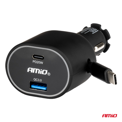 Rychlonabíječka do auta 3.0 s 30W C navíjecím kabelem PD20W AMiO-04176