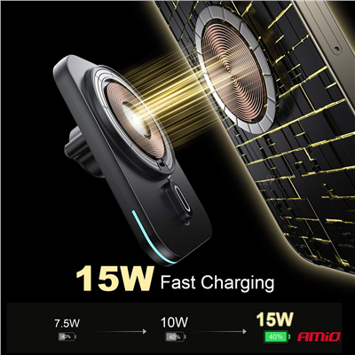 Držák magneticky s rychlonabíječkou do auta Qi2 15W AMiO-04180
