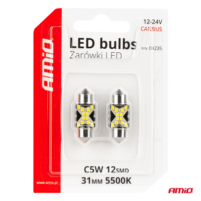 LED žárovky CANBUS 12SMD Festoon C5W 2016 31mm White 12/24V AMiO-04235