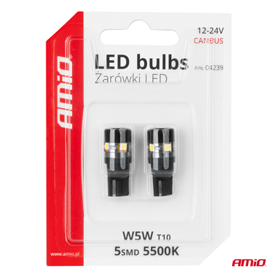 LED žárovky CANBUS T10 W5W 5SMD 3030 White 12V 24V AMiO-04239