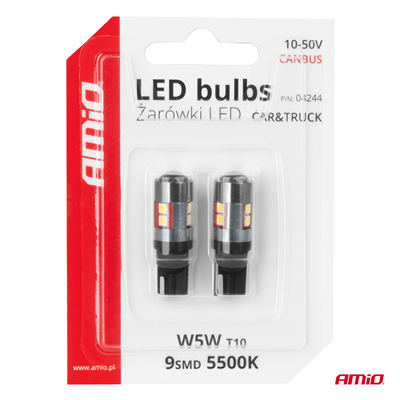 LED žárovky CANBUS T10 W5W 9 SMD 3030 Bílé 12V 24V 36V 48V AMiO-04244