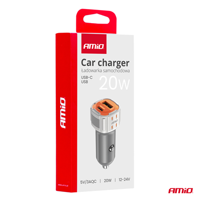 Nabíječka do auta USB-A + USB-C 20W 12/24V AMiO-03882