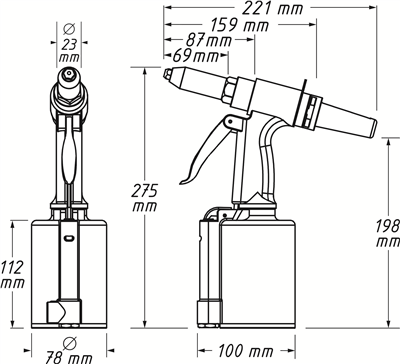 Pistole na slepé nýty | Délka 270 mm, Tažná síla 8700 N, Pro nýty do 4,8 mm